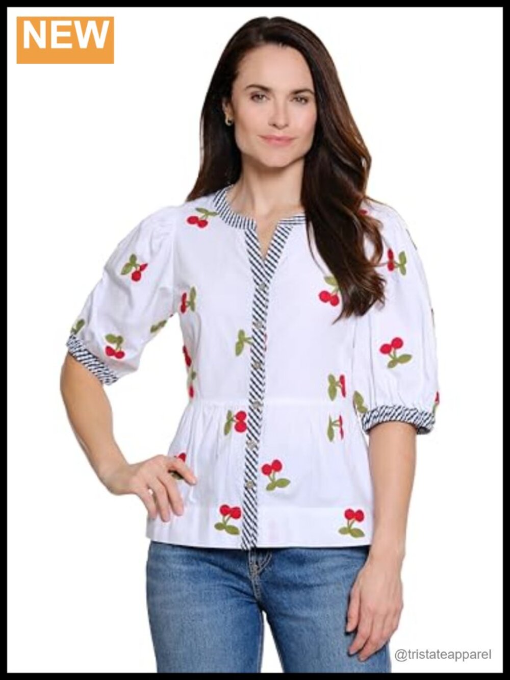 Cherry Embroidered Peplum Top with Gingham Trim Cotton Puff Sleeve Blouse